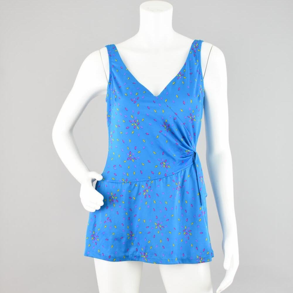 Vintage 1970s Maxine of Hollywood Turquoise Blue Retro Print Swimsuit Dress